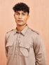 Men's Grey Fine Satin Kurta Pyjama Set Shirt Collar Button Placket